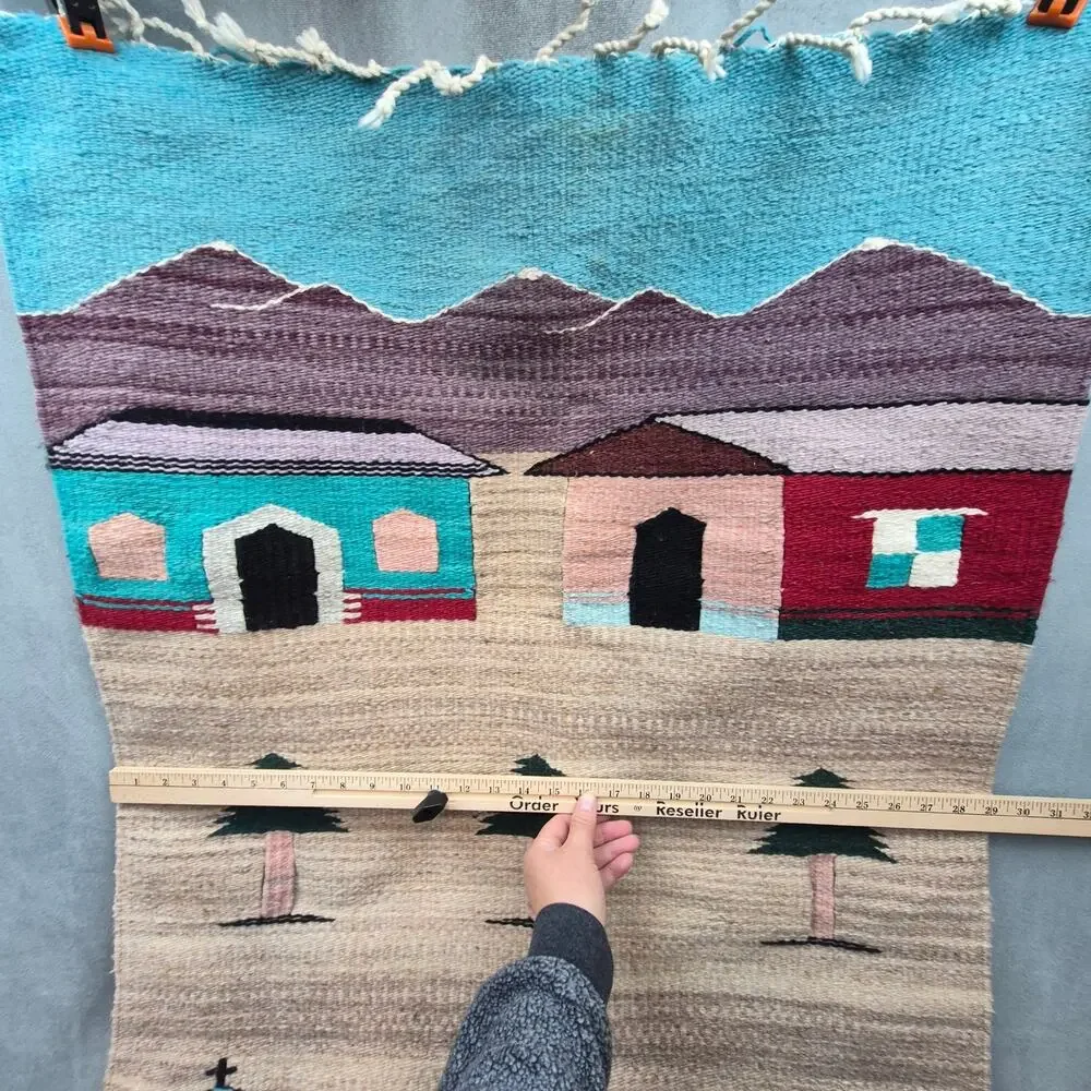 Vintage Mexican Southwest Village Church Scene Wool Tapestry/Wall Hanging Woven